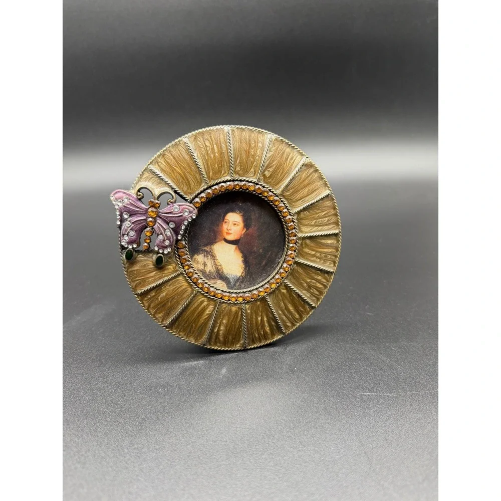 Vintage‎ Enamel Butterfly Round Picture Frame Rhinestone Sunburst Gold Tone 4.5